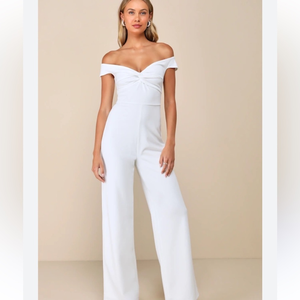 Lulu’s White Off-the-Shoulder Knot Front Jumpsuit | Size L